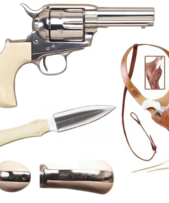 Cimarron Doc Holliday Combo Pistol 45 Colt (Long Colt) 3.5" Barrel, 6-Round Nickel, Bone Ivory Gripped Dagger/Huckle Berry Shoulder Rig